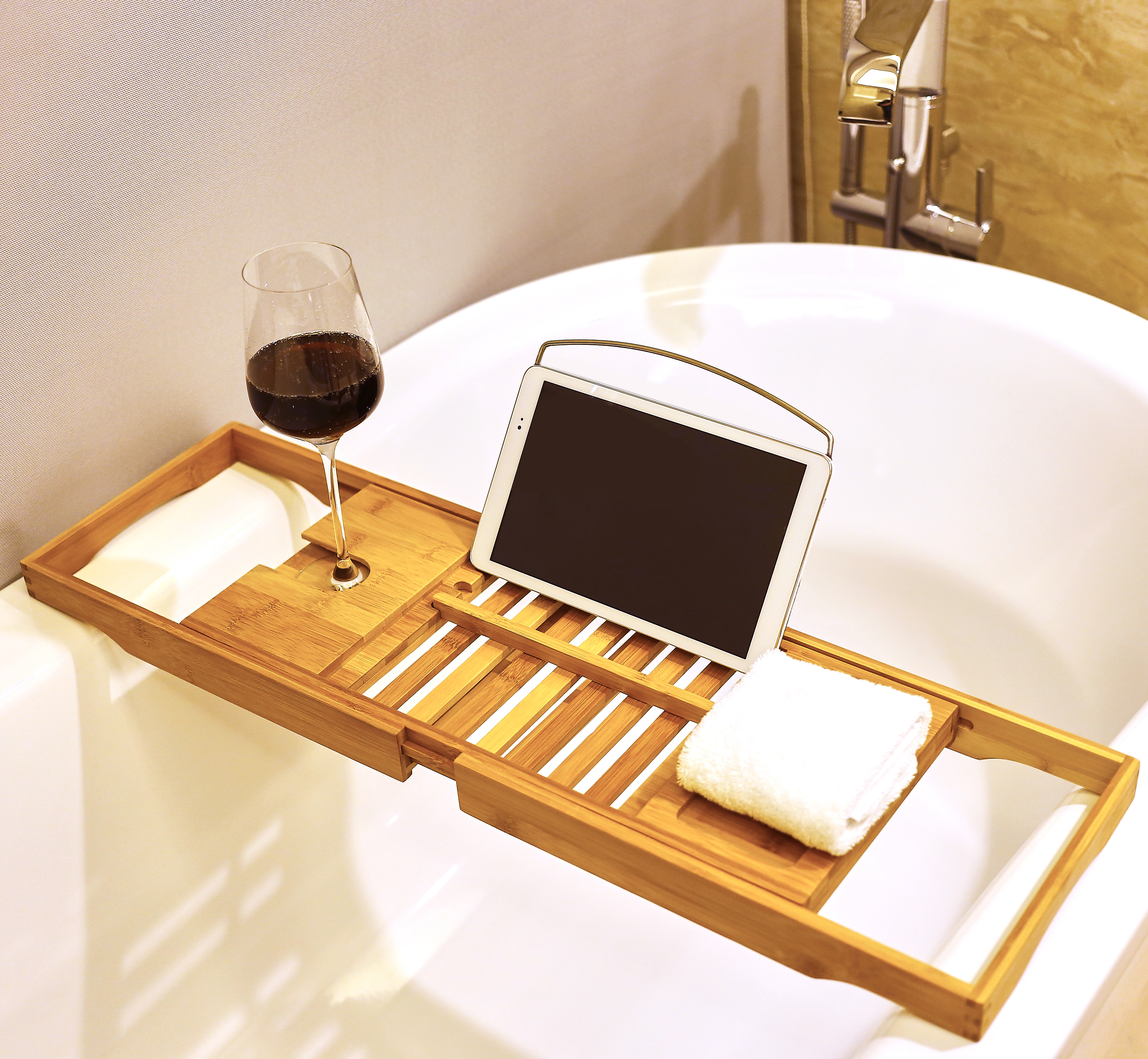 Wooden Over Bathtub Caddy Tray Expandable Bamboo Wine Glass Organizer Tray  Holder 